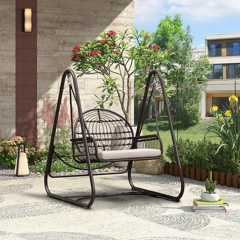 Modern Minimalist Faux Rattan Weaving Faux Leather Galvanized Tube Wicker Double Hanging Chair Decorative Basket Shaped Backrest Armrests For Outdoor Patio &amp; Garden