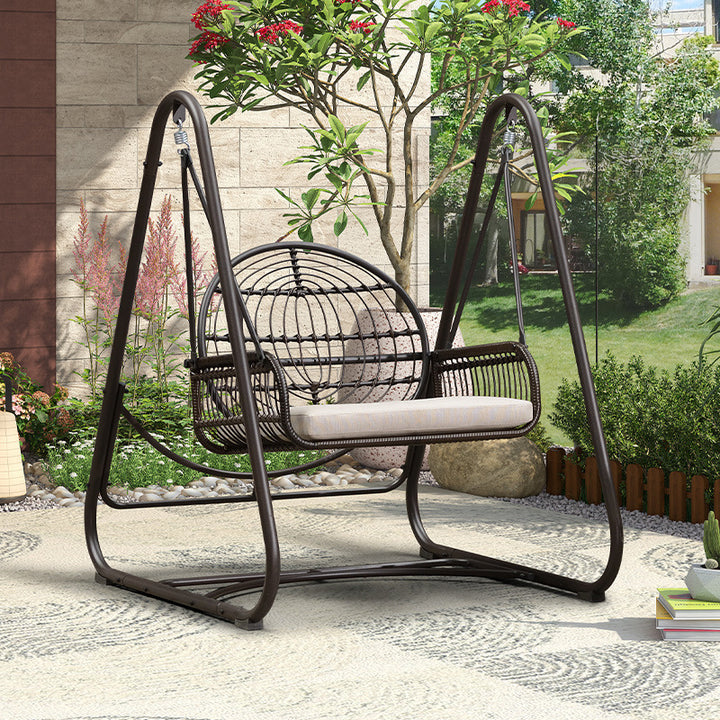Modern Minimalist Faux Rattan Weaving Faux Leather Galvanized Tube Wicker Double Hanging Chair Decorative Basket Shaped Backrest Armrests For Outdoor Patio & Garden