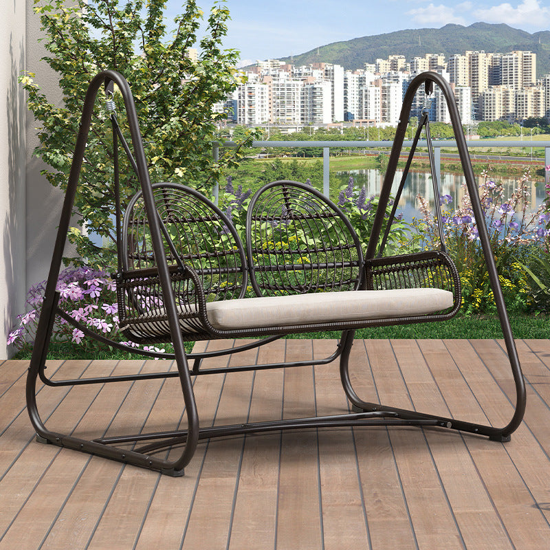 Modern Minimalist Faux Rattan Weaving Faux Leather Galvanized Tube Wicker Double Hanging Chair Decorative Basket Shaped Backrest Armrests For Outdoor Patio &amp; Garden