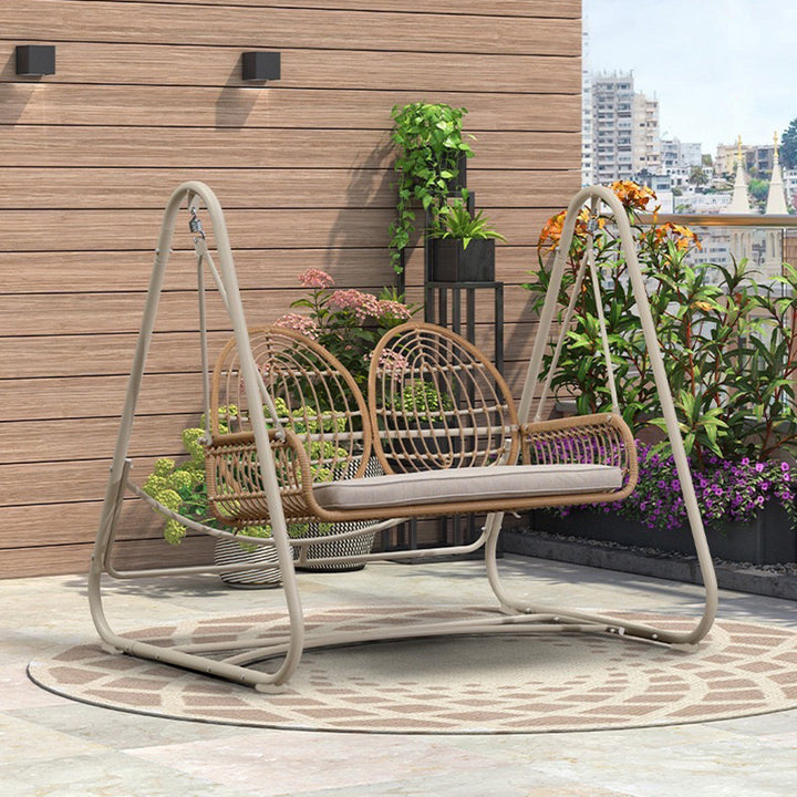 Modern Minimalist Faux Rattan Weaving Faux Leather Galvanized Tube Wicker Double Hanging Chair Decorative Basket Shaped Backrest Armrests For Outdoor Patio & Garden