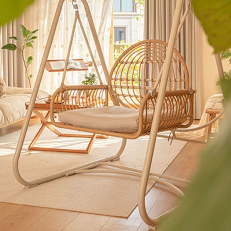 Modern Minimalist Faux Rattan Weaving Faux Leather Galvanized Tube Wicker Double Hanging Chair Decorative Basket Shaped Backrest Armrests For Outdoor Patio &amp; Garden
