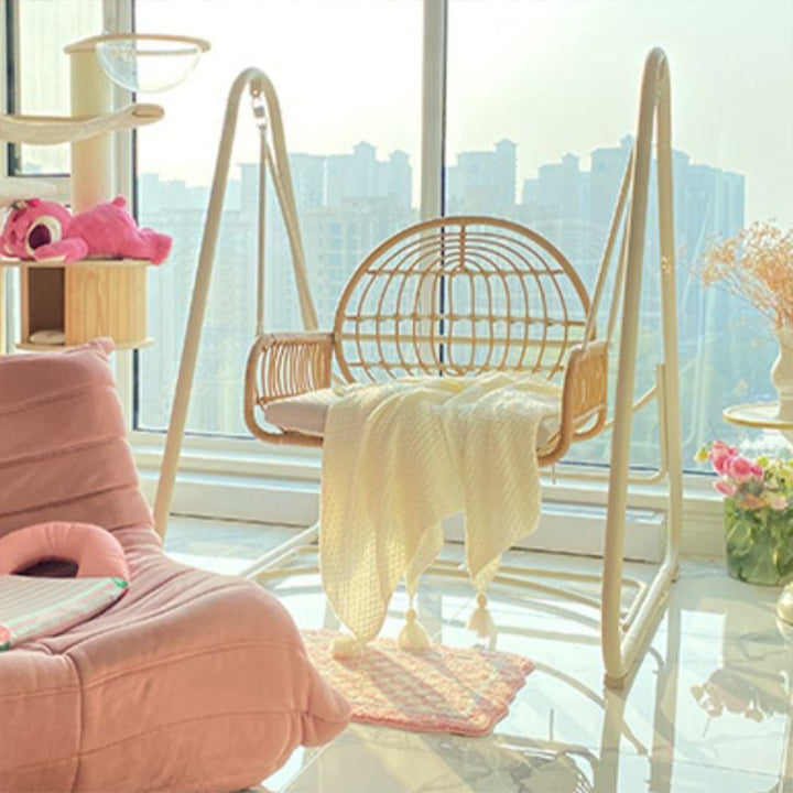 Modern Minimalist Faux Rattan Weaving Faux Leather Galvanized Tube Wicker Double Hanging Chair Decorative Basket Shaped Backrest Armrests For Outdoor Patio & Garden