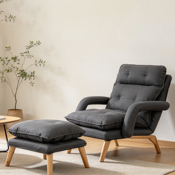 Modern Minimalist Polyester Steel Rubberwood Foam Sponge &amp; PP Cotton Padded Cozy Fabric With Adjustable Backrest Armrest Accent Chair For Living Room
