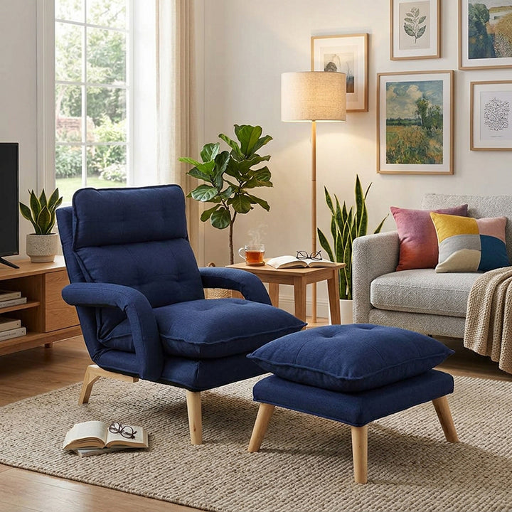 Modern Minimalist Polyester Steel Rubberwood Foam Sponge &amp; PP Cotton Padded Cozy Fabric With Adjustable Backrest Armrest Accent Chair For Living Room