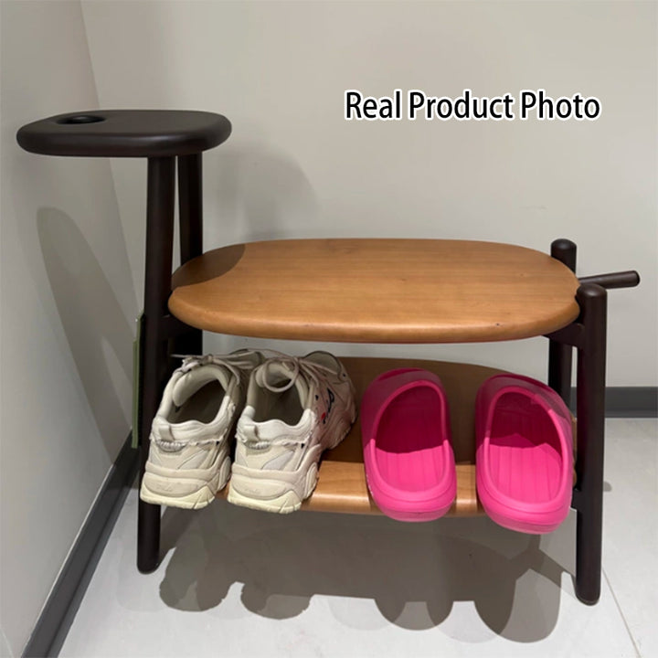 Modern Minimalist Boxwood &amp; Ash Wood Saddle-Style Faux Leather Pony-Shaped Space-Saving Decorative Backless Armless Shoe Stool For Entryway