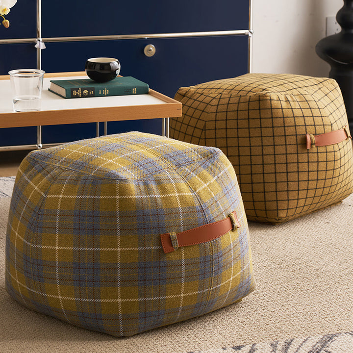 Traditional Vintage Linen Wool-Polyester Blend Bouclé Fabric Foam Sponge EPP Cube-Shaped Highly Practical Backless Armless Low Stool For Living Room