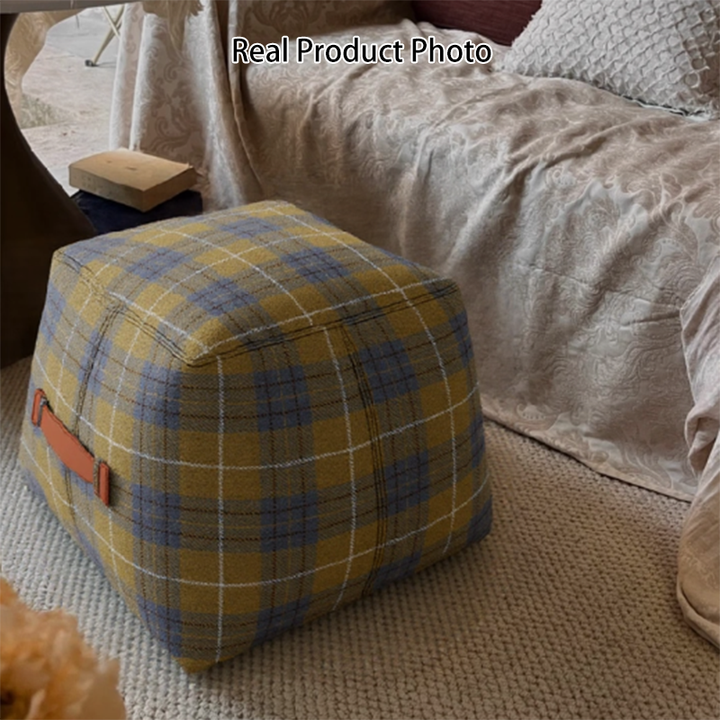 Traditional Vintage Linen Wool-Polyester Blend Bouclé Fabric Foam Sponge EPP Cube-Shaped Highly Practical Backless Armless Low Stool For Living Room