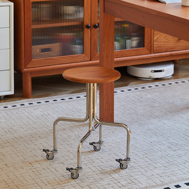 Modern Minimalist Walnut Wood Cherry Wood Stainless Steel Round With Smooth-Rolling Backless Armless Low Stool For Living Room