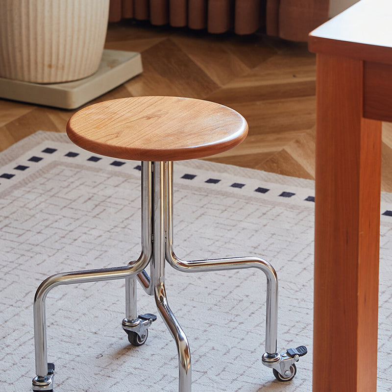 Modern Minimalist Walnut Wood Cherry Wood Stainless Steel Round With Smooth-Rolling Backless Armless Low Stool For Living Room