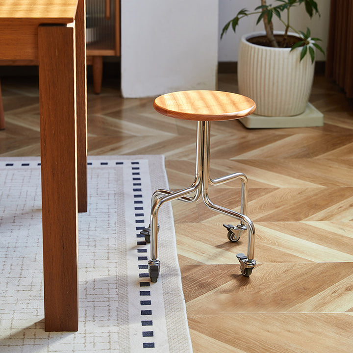 Modern Minimalist Walnut Wood Cherry Wood Stainless Steel Round With Smooth-Rolling Backless Armless Low Stool For Living Room