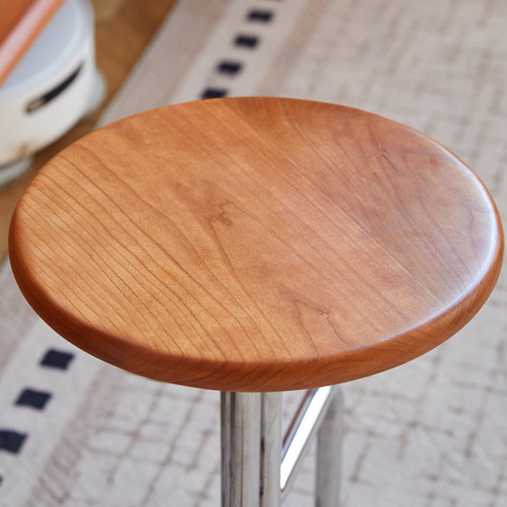 Modern Minimalist Walnut Wood Cherry Wood Stainless Steel Round With Smooth-Rolling Backless Armless Low Stool For Living Room
