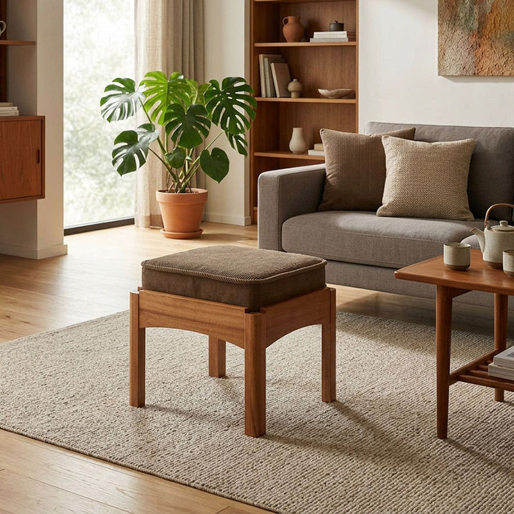 Modern Minimalist Corduroy Fabric Walnut Wood Foam Sponge Square Stackable Kids Backless Armless Low Stool For Living Room