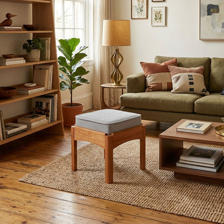 Modern Minimalist Corduroy Fabric Walnut Wood Foam Sponge Square Stackable Kids Backless Armless Low Stool For Living Room