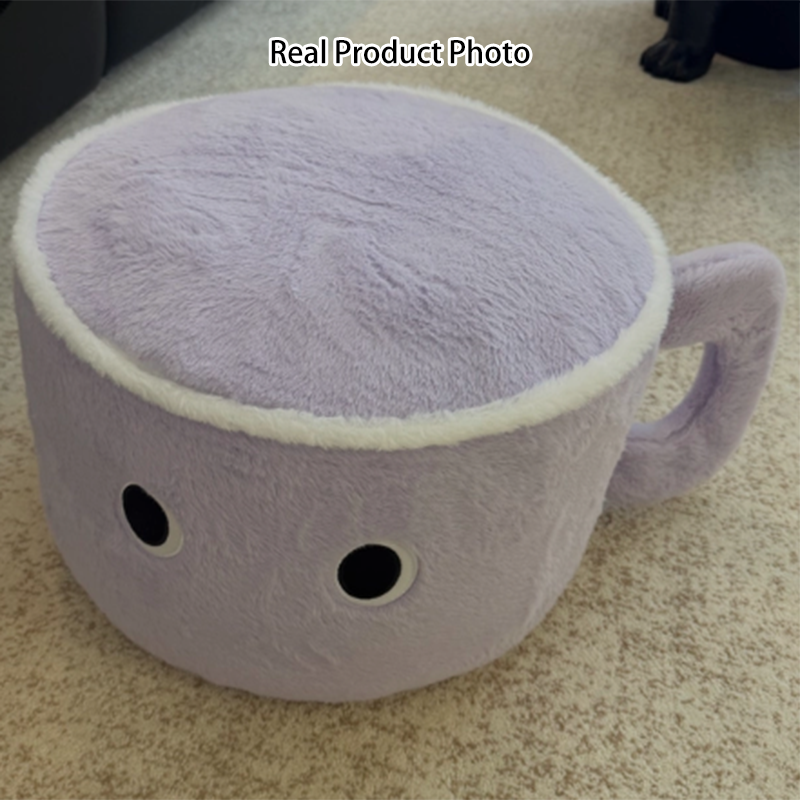 Modern Minimalist Faux Rabbit Fur Poplar Wood Foam Sponge Mug-Shaped Upholstered Backless Armless Low Stool For Living Room