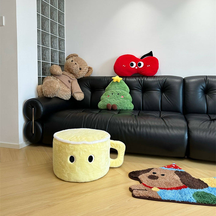 Modern Minimalist Faux Rabbit Fur Poplar Wood Foam Sponge Mug-Shaped Upholstered Backless Armless Low Stool For Living Room
