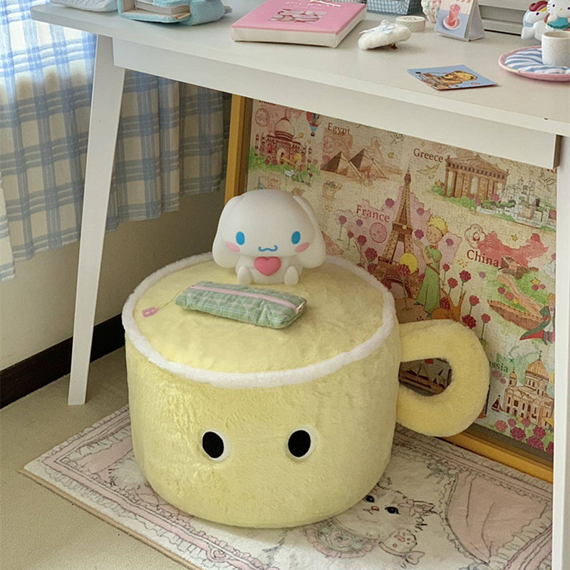 Modern Minimalist Faux Rabbit Fur Poplar Wood Foam Sponge Mug-Shaped Upholstered Backless Armless Low Stool For Living Room