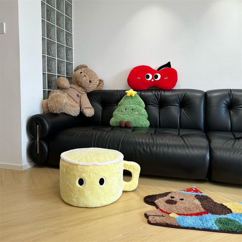 Modern Minimalist Faux Rabbit Fur Poplar Wood Foam Sponge Mug-Shaped Upholstered Backless Armless Low Stool For Living Room