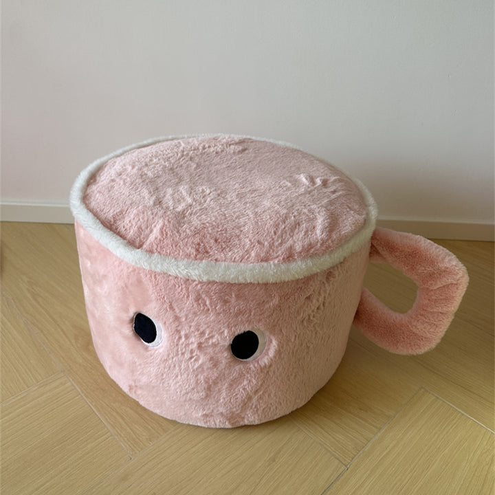 Modern Minimalist Faux Rabbit Fur Poplar Wood Foam Sponge Mug-Shaped Upholstered Backless Armless Low Stool For Living Room