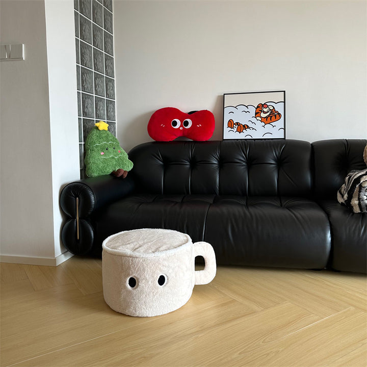 Modern Minimalist Faux Rabbit Fur Poplar Wood Foam Sponge Mug-Shaped Upholstered Backless Armless Low Stool For Living Room