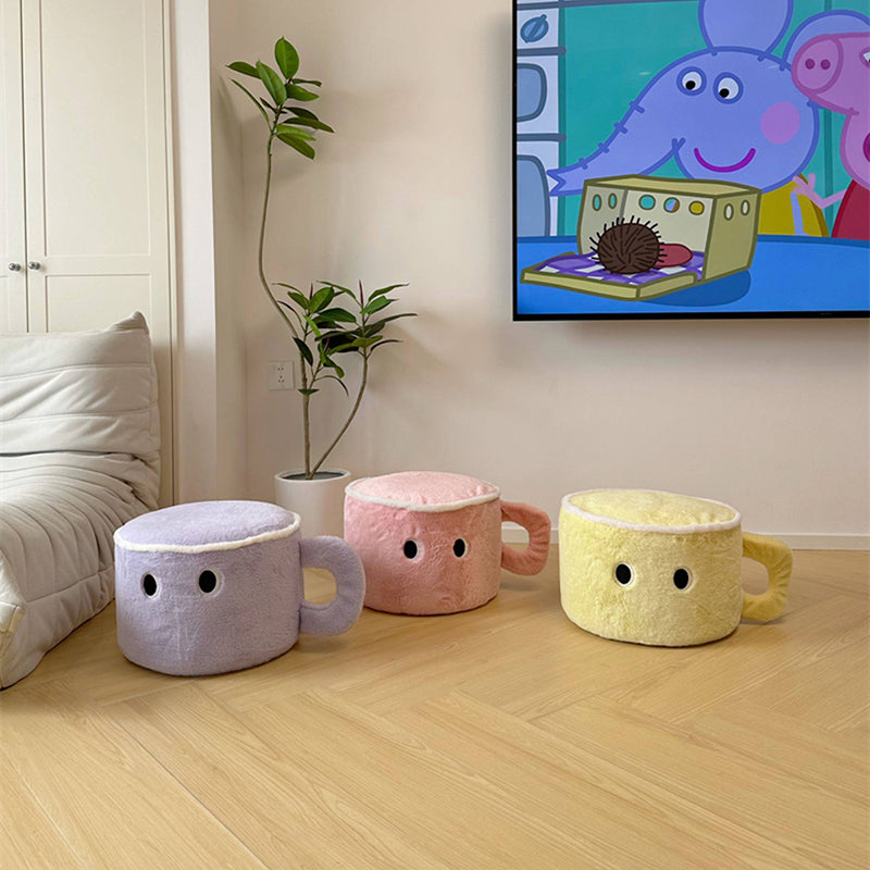 Modern Minimalist Faux Rabbit Fur Poplar Wood Foam Sponge Mug-Shaped Upholstered Backless Armless Low Stool For Living Room