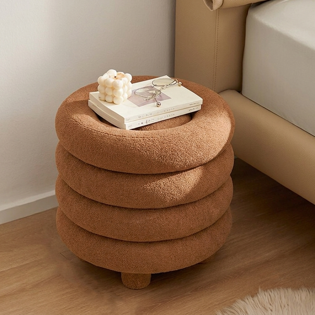 Contemporary Nordic Sherpa Fabric MDF Foam Sponge Round Backless Armless Vanity Stool For Bedroom