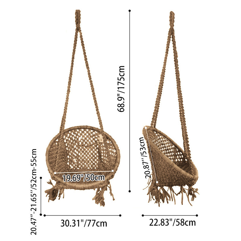 Contemporary Boho Hemp Rope Rattan Weaving Iron Egg-Shaped Backrest Armrest Hanging Chair For Living Room