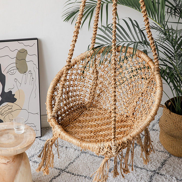Contemporary Boho Hemp Rope Rattan Weaving Iron Egg-Shaped Backrest Armrest Hanging Chair For Living Room