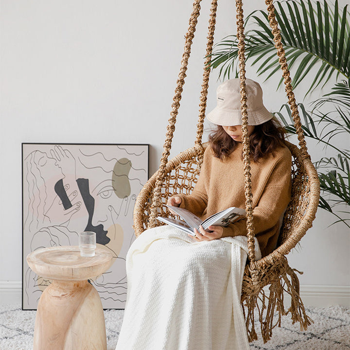 Contemporary Boho Hemp Rope Rattan Weaving Iron Egg-Shaped Backrest Armrest Hanging Chair For Living Room