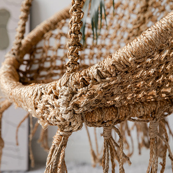 Contemporary Boho Hemp Rope Rattan Weaving Iron Egg-Shaped Backrest Armrest Hanging Chair For Living Room