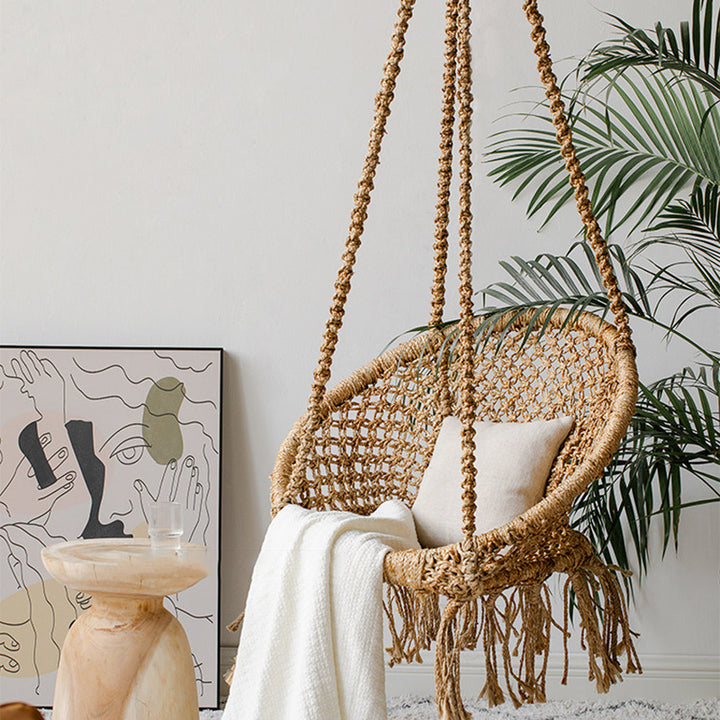 Contemporary Boho Hemp Rope Rattan Weaving Iron Egg-Shaped Backrest Armrest Hanging Chair For Living Room
