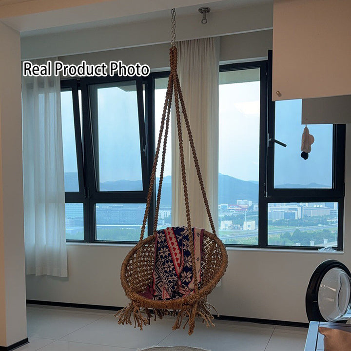 Contemporary Boho Hemp Rope Rattan Weaving Iron Egg-Shaped Backrest Armrest Hanging Chair For Living Room