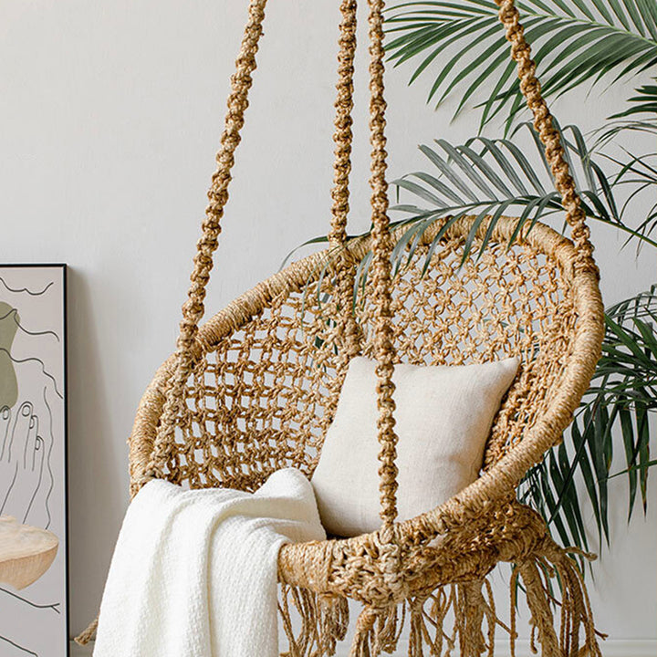 Contemporary Boho Hemp Rope Rattan Weaving Iron Egg-Shaped Backrest Armrest Hanging Chair For Living Room