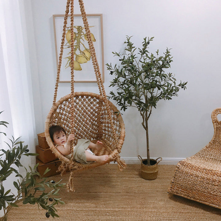 Contemporary Boho Hemp Rope Rattan Weaving Iron Egg-Shaped Backrest Armrest Hanging Chair For Living Room