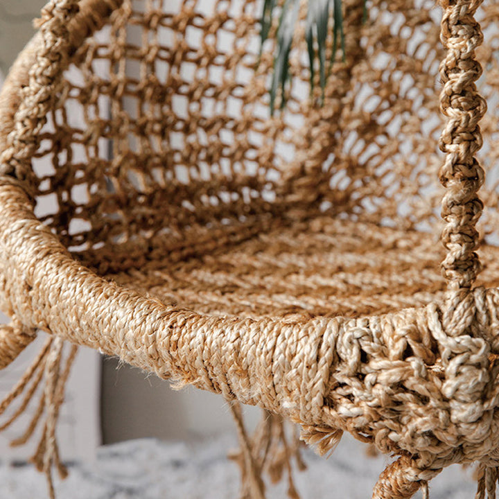 Contemporary Boho Hemp Rope Rattan Weaving Iron Egg-Shaped Backrest Armrest Hanging Chair For Living Room