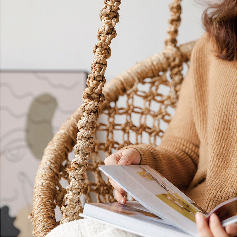 Contemporary Boho Hemp Rope Rattan Weaving Iron Egg-Shaped Backrest Armrest Hanging Chair For Living Room