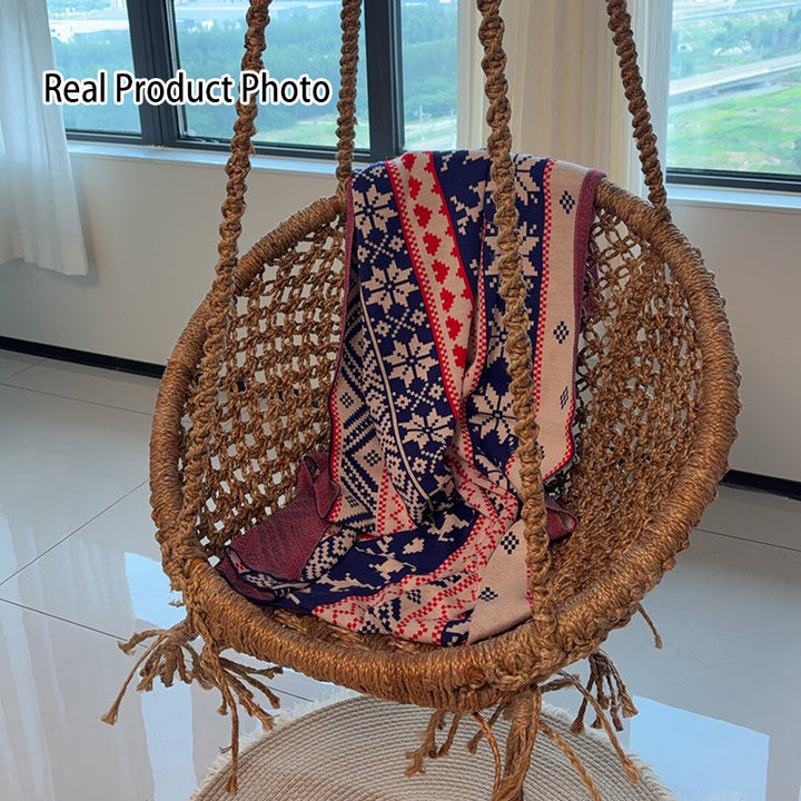 Contemporary Boho Hemp Rope Rattan Weaving Iron Egg-Shaped Backrest Armrest Hanging Chair For Living Room