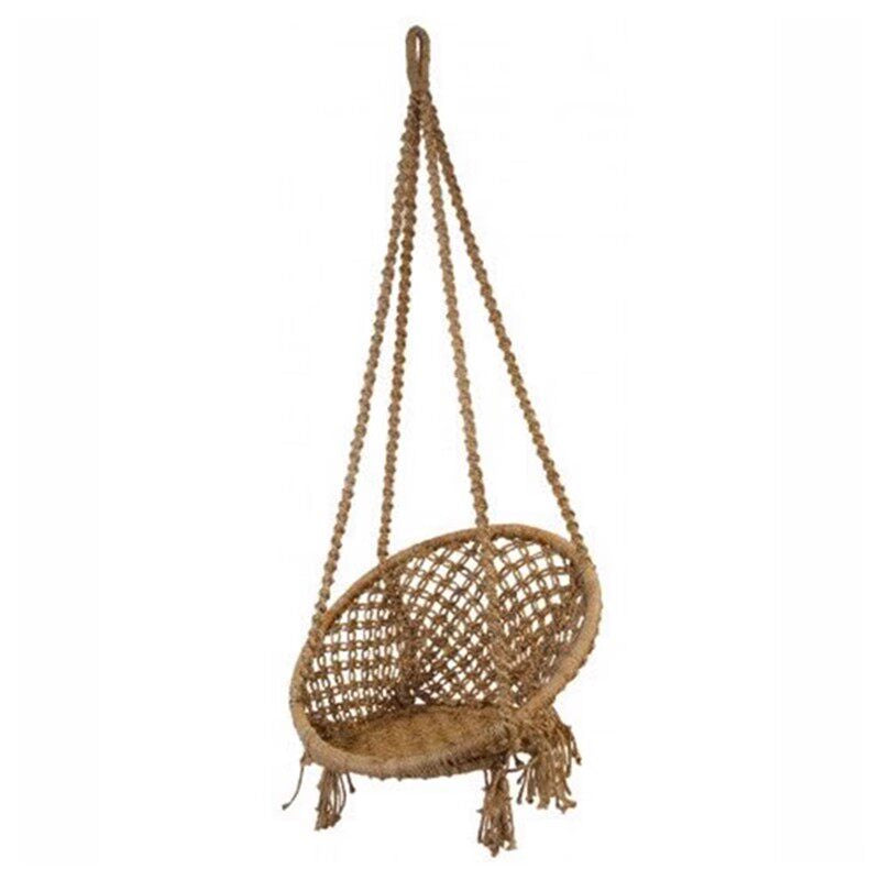 Contemporary Boho Hemp Rope Rattan Weaving Iron Egg-Shaped Backrest Armrest Hanging Chair For Living Room