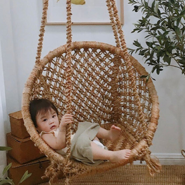 Contemporary Boho Hemp Rope Rattan Weaving Iron Egg-Shaped Backrest Armrest Hanging Chair For Living Room