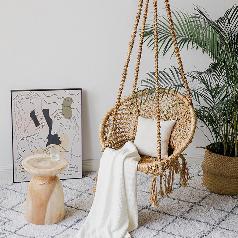 Contemporary Boho Hemp Rope Rattan Weaving Iron Egg-Shaped Backrest Armrest Hanging Chair For Living Room