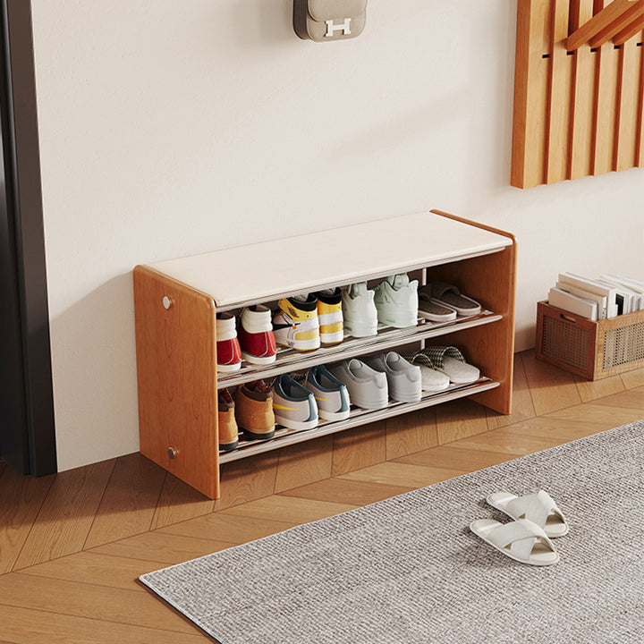 Modern Minimalist Microfiber Faux Leather Edge-Glued Rubberwood Wood Panel Stainless Steel Rectangular Space-Saving Shoe Bench For Entryway