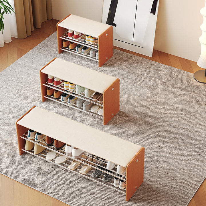 Modern Minimalist Microfiber Faux Leather Edge-Glued Rubberwood Wood Panel Stainless Steel Rectangular Space-Saving Shoe Bench For Entryway