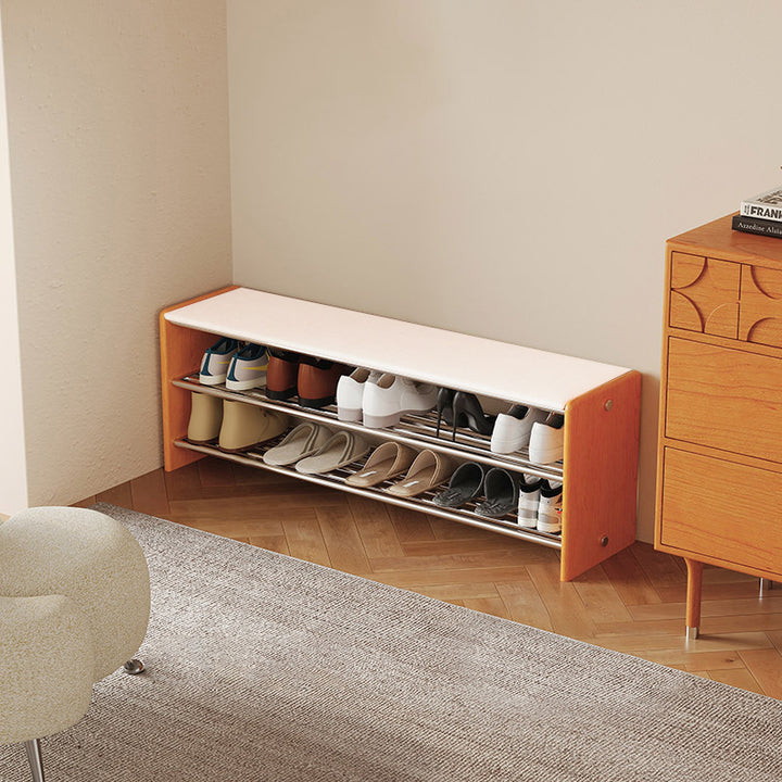 Modern Minimalist Microfiber Faux Leather Edge-Glued Rubberwood Wood Panel Stainless Steel Rectangular Space-Saving Shoe Bench For Entryway