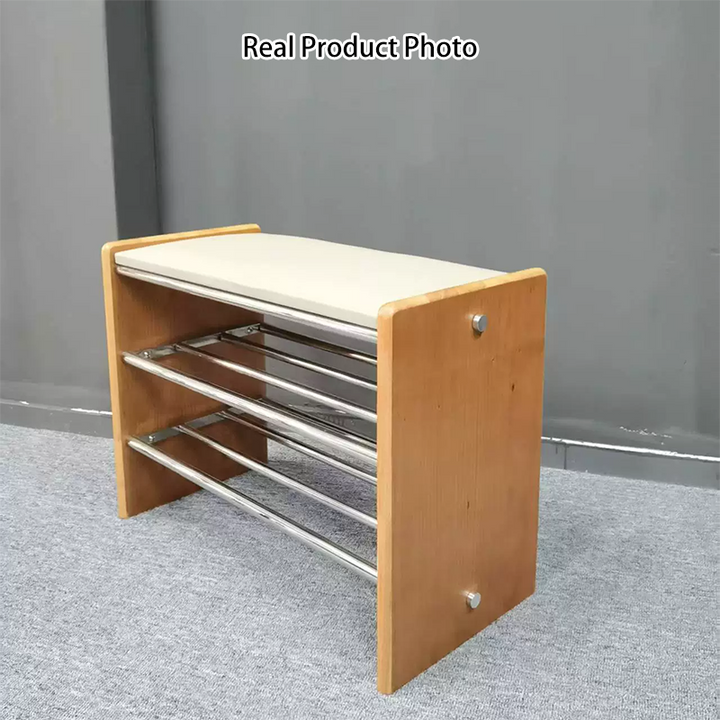 Modern Minimalist Microfiber Faux Leather Edge-Glued Rubberwood Wood Panel Stainless Steel Rectangular Space-Saving Shoe Bench For Entryway