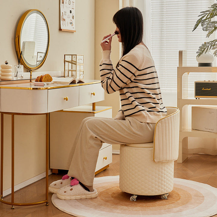 Modern Luxury Nappa-Style Faux Leather Plywood Foam Sponge Round Upholstered Swivel Backrest Armless Vanity Stool For Bedroom