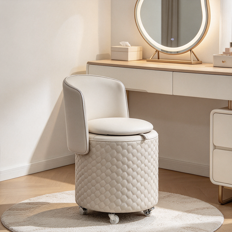 Modern Luxury Nappa-Style Faux Leather Plywood Foam Sponge Round Upholstered Swivel Backrest Armless Vanity Stool For Bedroom