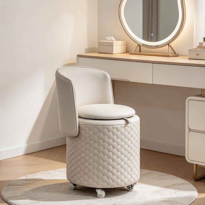 Modern Luxury Nappa-Style Faux Leather Plywood Foam Sponge Round Upholstered Swivel Backrest Armless Vanity Stool For Bedroom