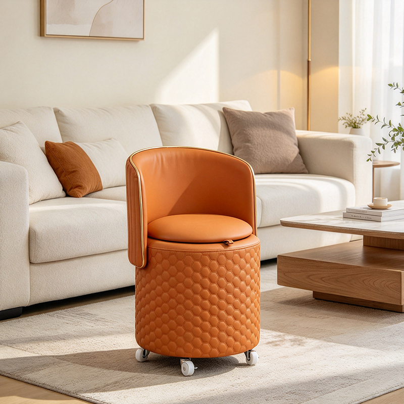 Modern Luxury Nappa-Style Faux Leather Plywood Foam Sponge Round Upholstered Swivel Backrest Armless Vanity Stool For Bedroom