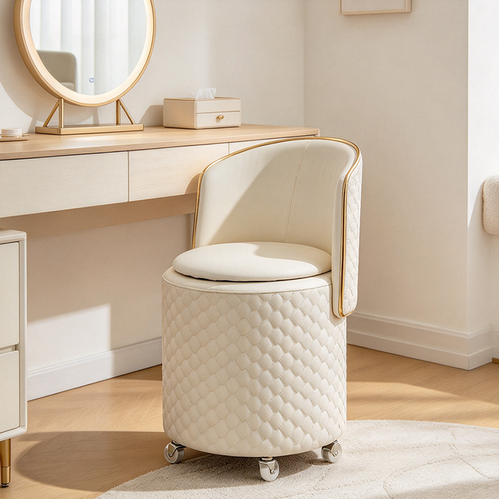 Modern Luxury Nappa-Style Faux Leather Plywood Foam Sponge Round Upholstered Swivel Backrest Armless Vanity Stool For Bedroom