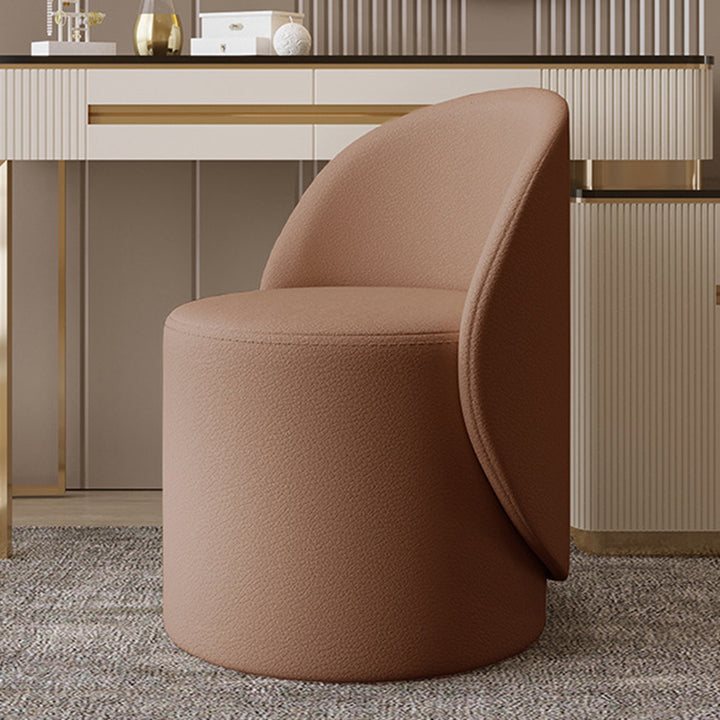 Contemporary Nordic Faux Leather &amp; Rubberwood Cylindrical Vanity Stool With Backrest &amp; Swivel Function For Bedroom