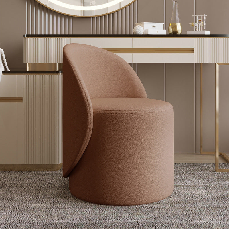Contemporary Nordic Leather & Rubberwood Cylindrical Vanity Stool With Backrest & Swivel Function For Bedroom